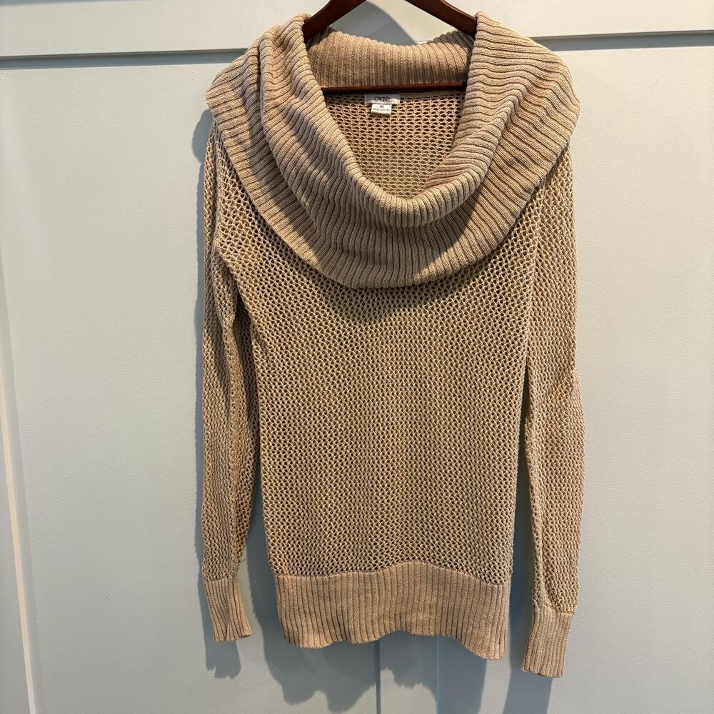 Cache Sweater Womens Medium Beige Cowl Neck Open Knit Mesh Pullover Long Sleeve
